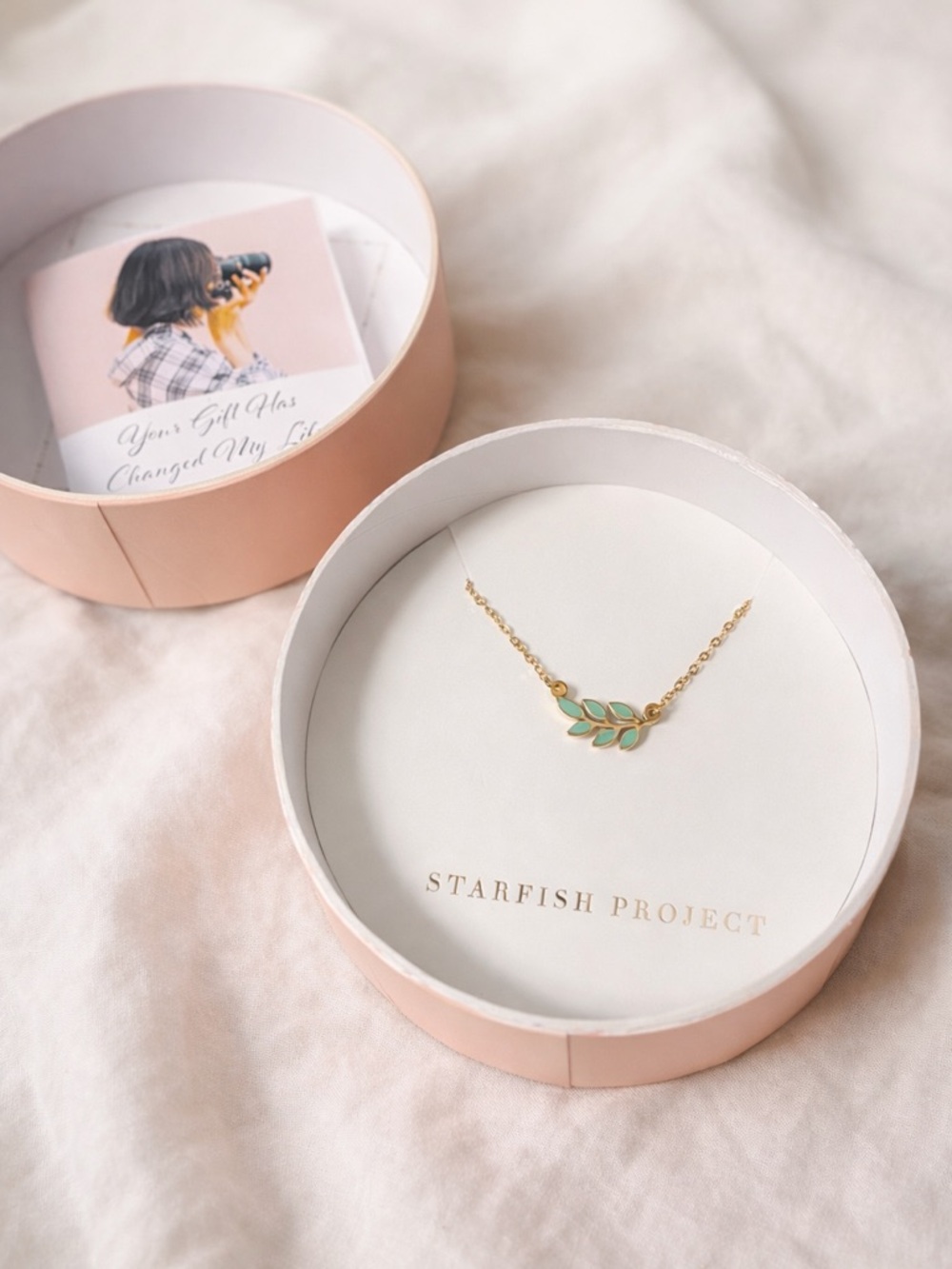 Gold Necklace with Mint Green Leaf Pendant